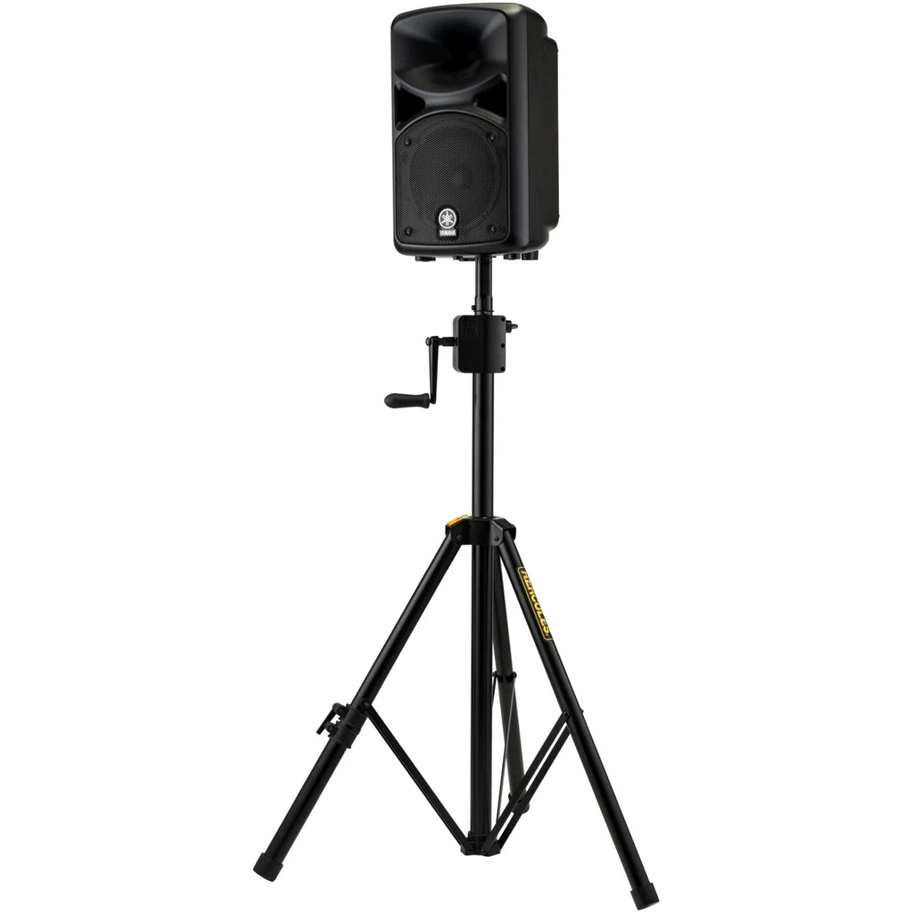 Hercules Stands SS710B speaker stands with adjustable height and steel construction for supporting audio speakers.