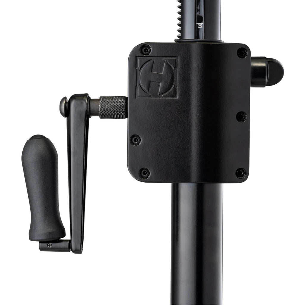 Hercules Stands SS710B speaker stands folded, showing adjustable height and sturdy metal construction for audio equipment.