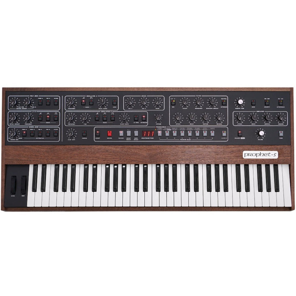 Sequential Prophet-5 synthesizer top view showing control panel with knobs and switches for classic analog sound.