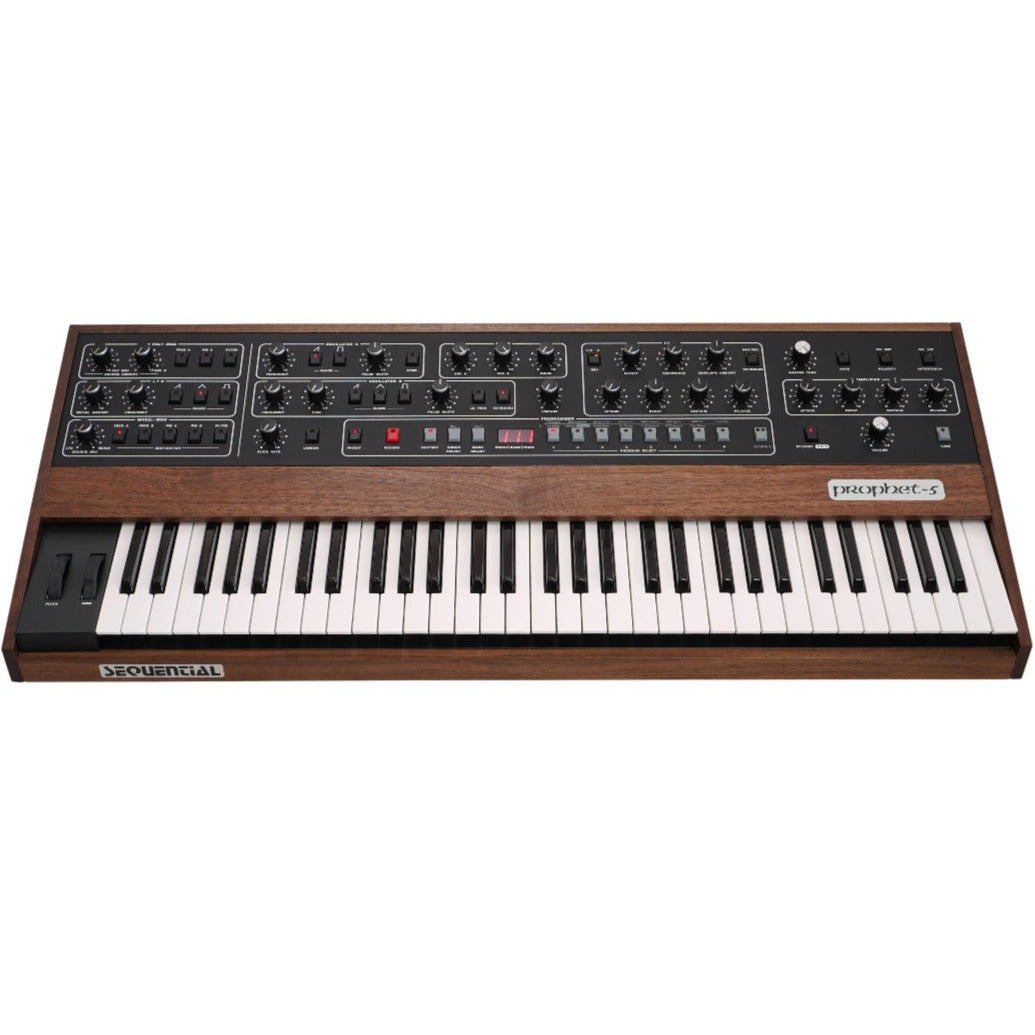 Sequential Prophet-5 synthesizer front view showing its keyboard, control knobs, and vintage design features.