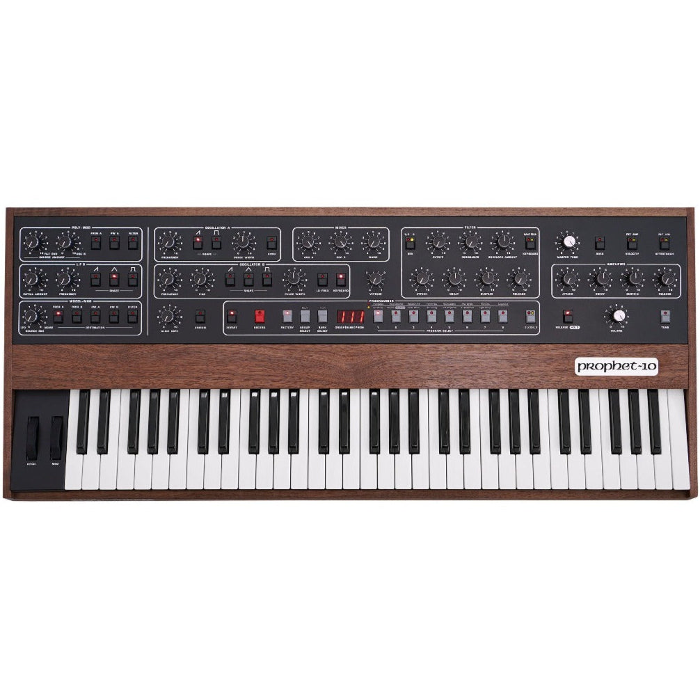 Sequential Prophet-10 synthesizer with dual manual controls and vintage-inspired design, shown from the top view.