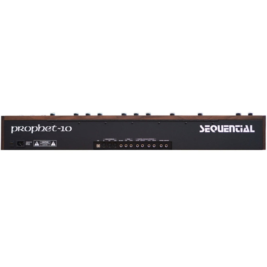 Sequential Prophet-10 synthesizer back panel with control knobs, inputs, and outputs on a black metal surface.