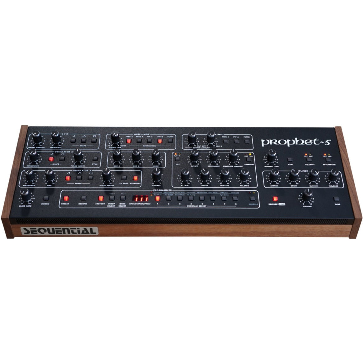Sequential Prophet-5 Desktop synthesizer front angle view showing keyboard, control panel, and vintage electronic interface.