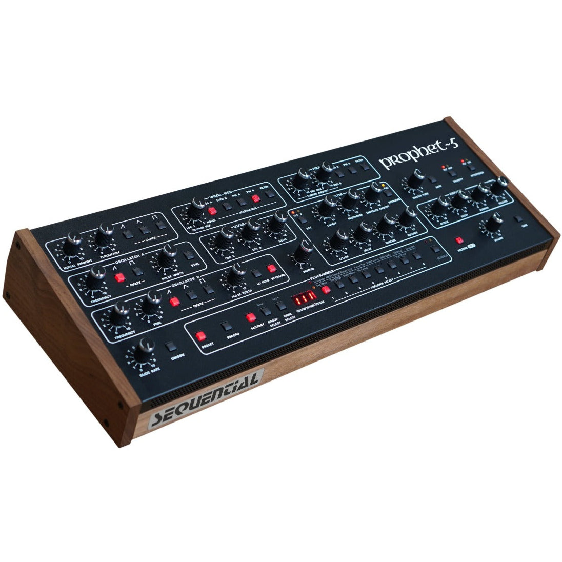 Sequential Prophet-5 Desktop synthesizer with vintage-style controls and display, shown in a close-up view.