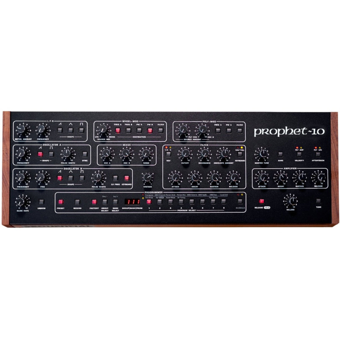 Sequential Prophet-10 Desktop synthesizer with control panel and vintage-style knobs, designed for rich analog sound creation.