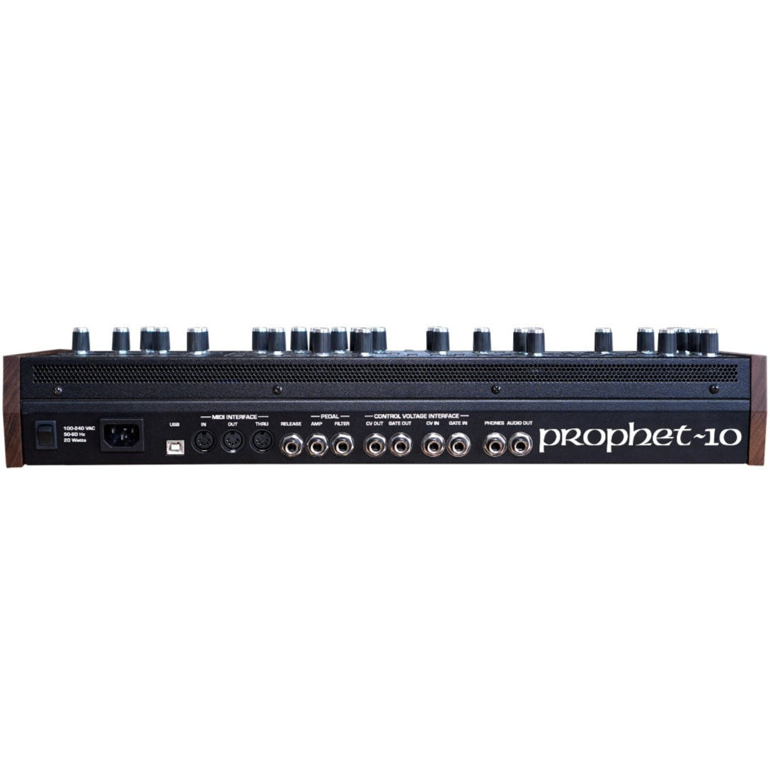 Sequential Prophet-10 Desktop synthesizer shown from the back, featuring multiple input/output ports and control panel.