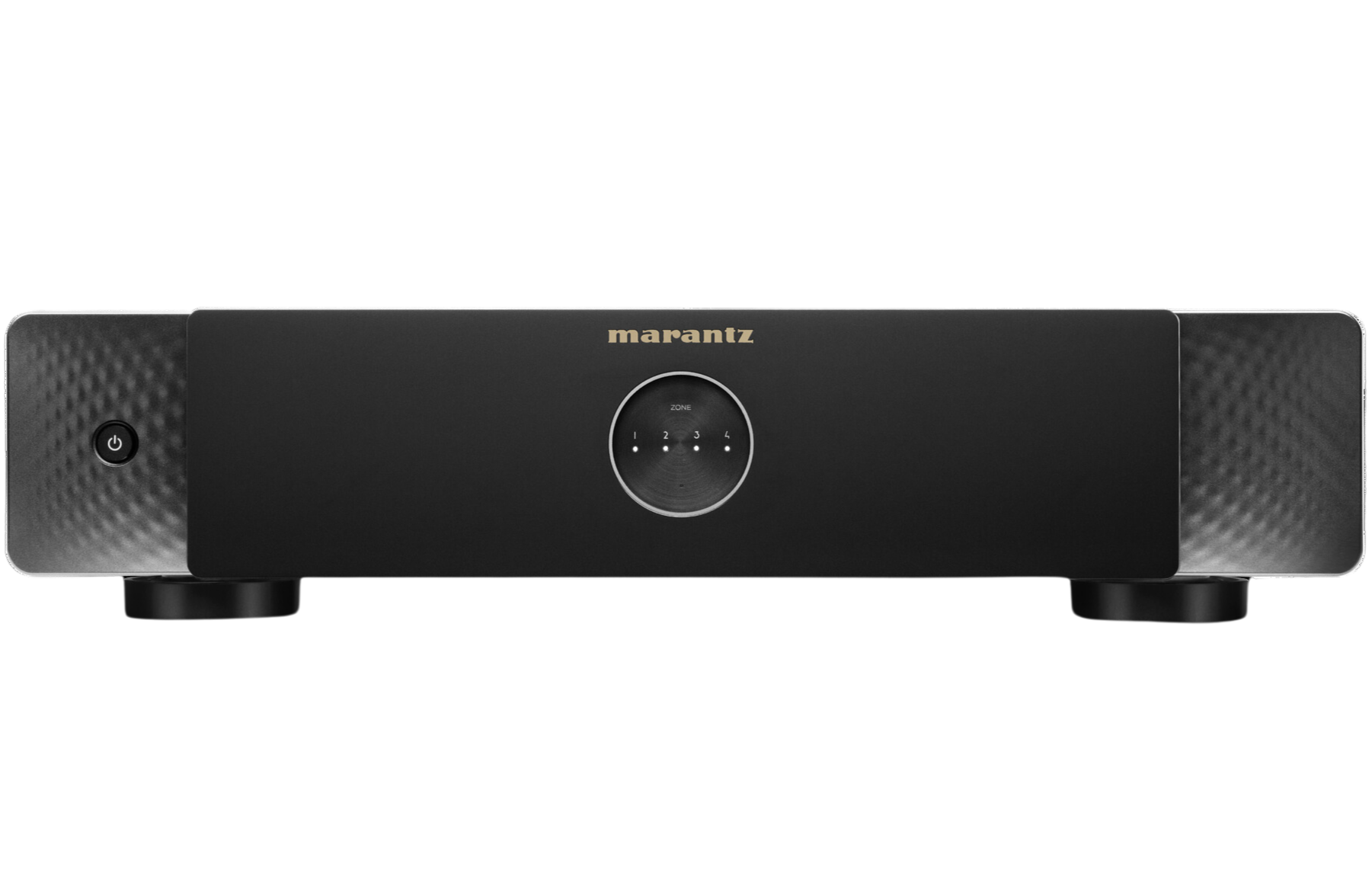 Marantz MODEL M4 stereo amplifier with front control knobs and vents, showcasing its sleek black design.
