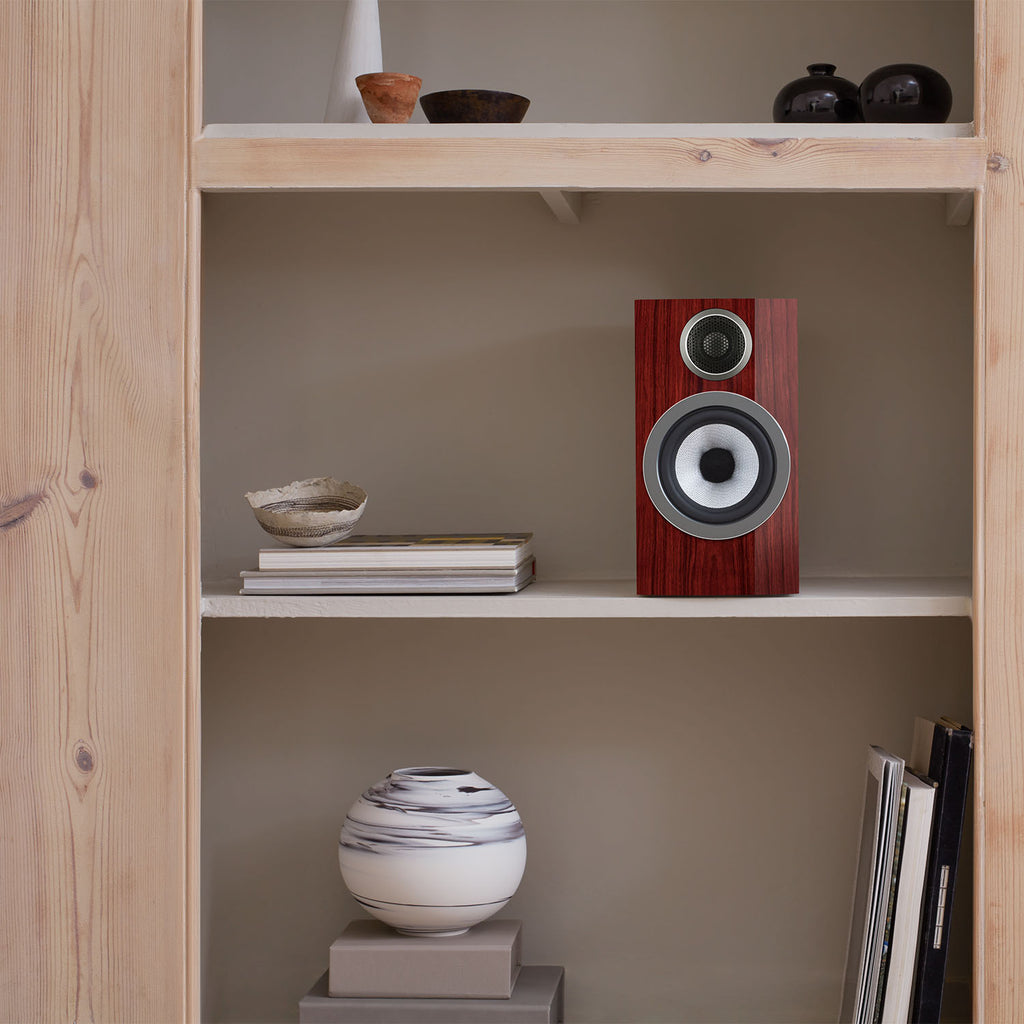 Bowers & Wilkins 707 S3 Prestige passive bookshelf speakers with black cabinets and silver drivers.
