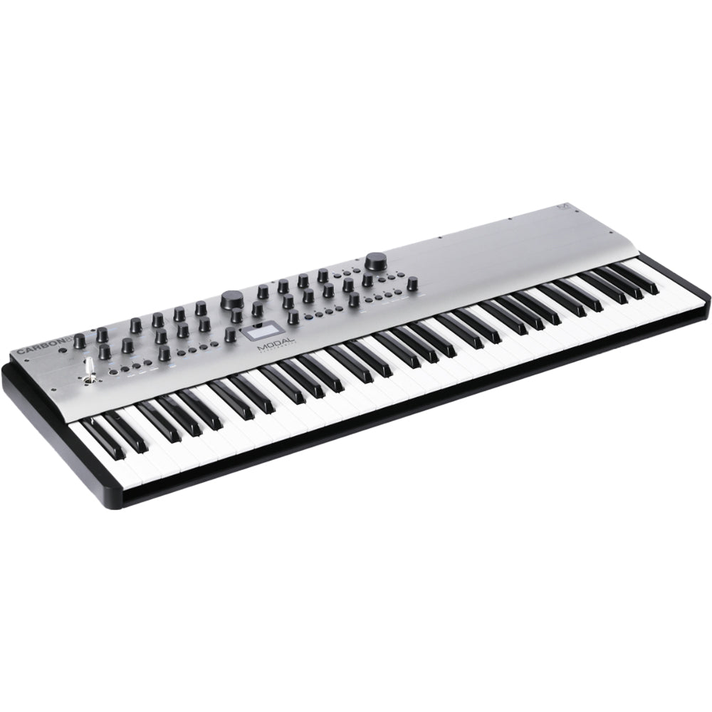 Modal Electronics Carbon8X synthesizer with a sleek black design, featuring control knobs and a digital display.