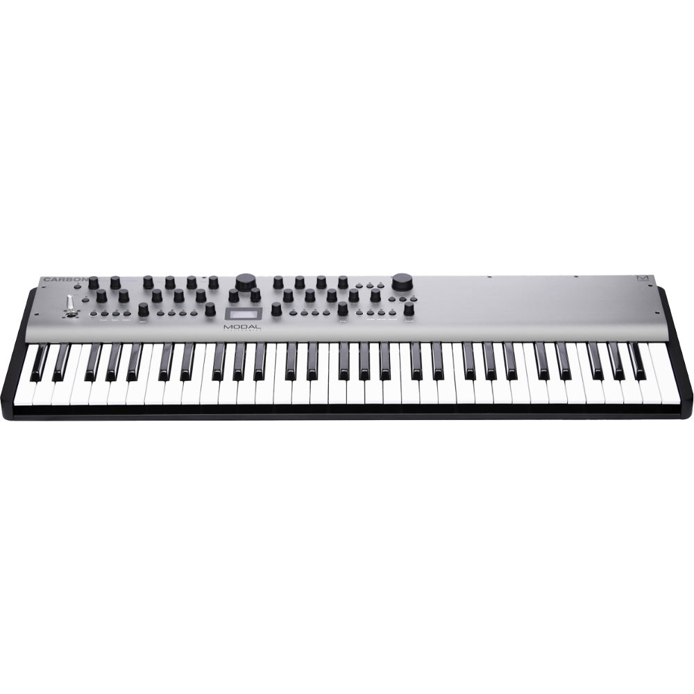 Modal Electronics Carbon8X synthesizer with digital control panel and multiple knobs, displaying a sleek black design.