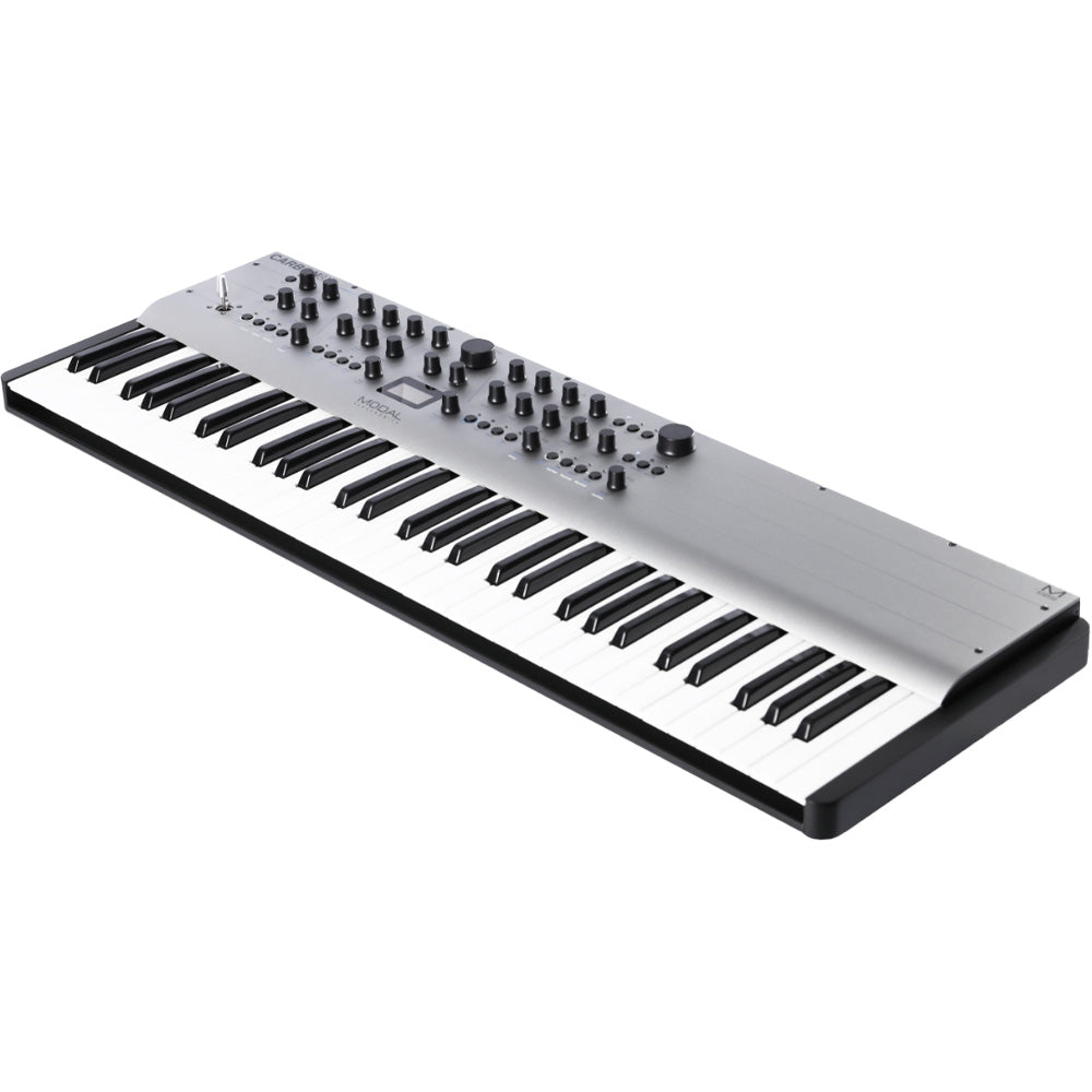 Modal Electronics Carbon8X synthesizer with a sleek black control panel, knobs, and keyboard keys for electronic music production.