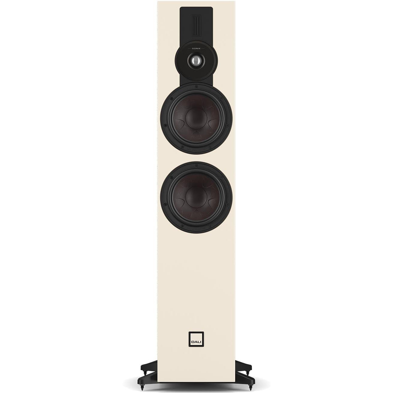 DALI Sonik 7 passive floorstanding speakers with sleek black cabinets and multiple drivers for rich sound quality.