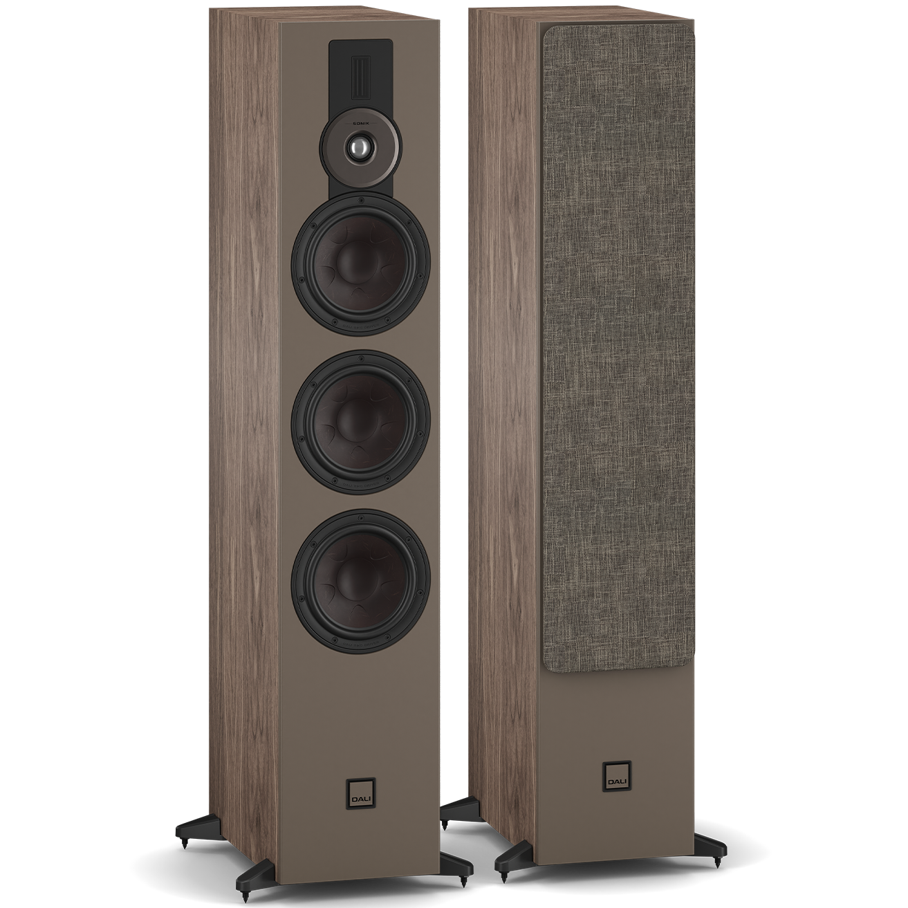 DALI Sonik 9 passive floorstanding speakers with sleek black cabinets and multiple drivers for high-quality sound.