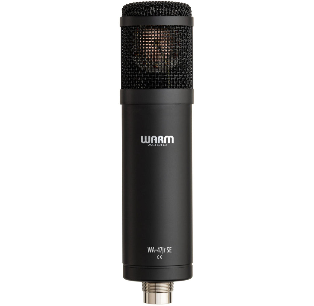 Warm Audio WA-47jr SE condenser microphone in black, showing a close-up of the compact, professional-grade microphone design.