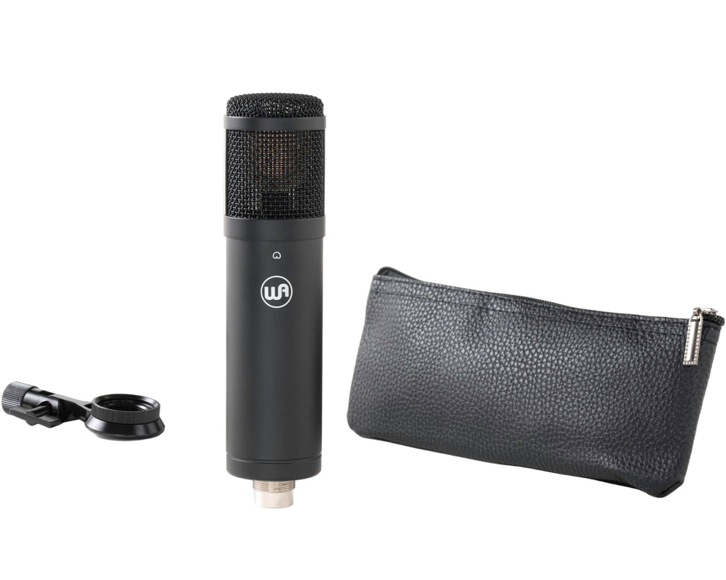 Warm Audio WA-47jr SE condenser microphone in black, shown with its sleek build and professional design for studio recording.