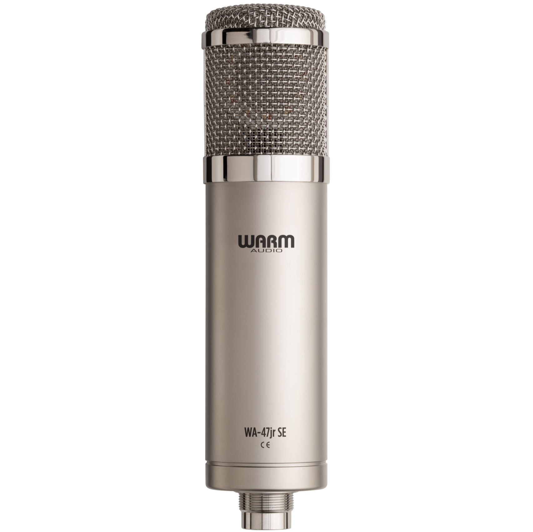 Warm Audio WA-47jr SE condenser microphone with nickel finish, front view showing its compact design and build quality.