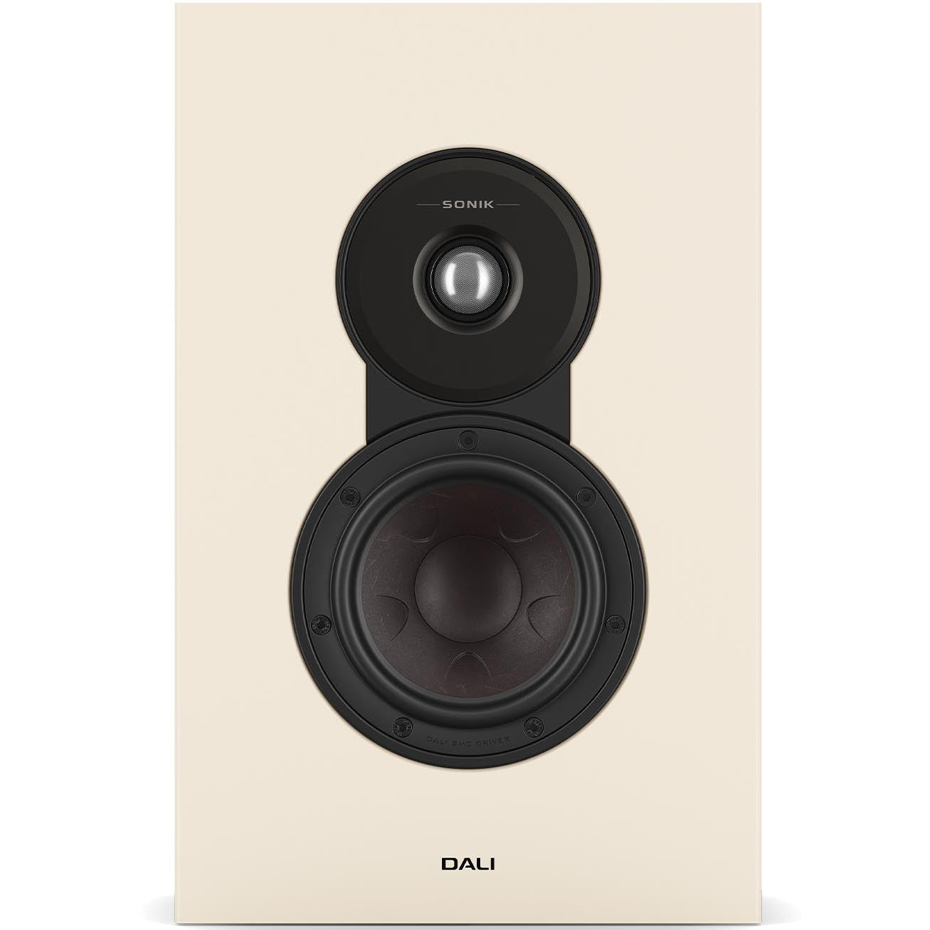 DALI Sonik On-Wall in-wall and outdoor speaker with sleek design and black grille, suitable for home audio and outdoor use.