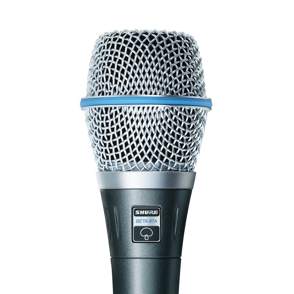 Shure Beta 87A condenser microphone with cardioid capsule, professional audio equipment for vocals and studio use.