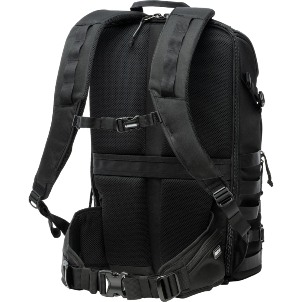 Think Tank DarkLight video equipment bag with padded compartments and adjustable straps for secure gear transport.