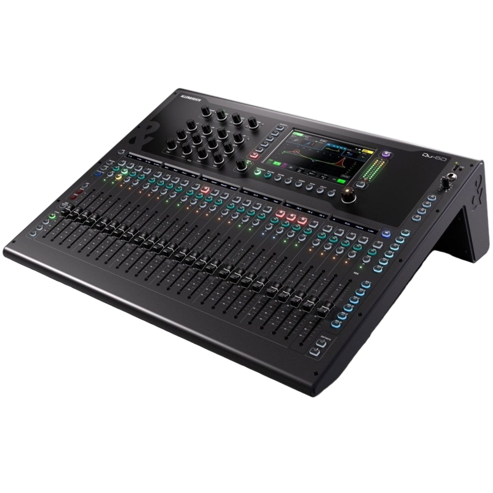 Allen & Heath Qu-6D digital mixer with multiple faders, knobs, and a touchscreen interface for professional audio mixing.