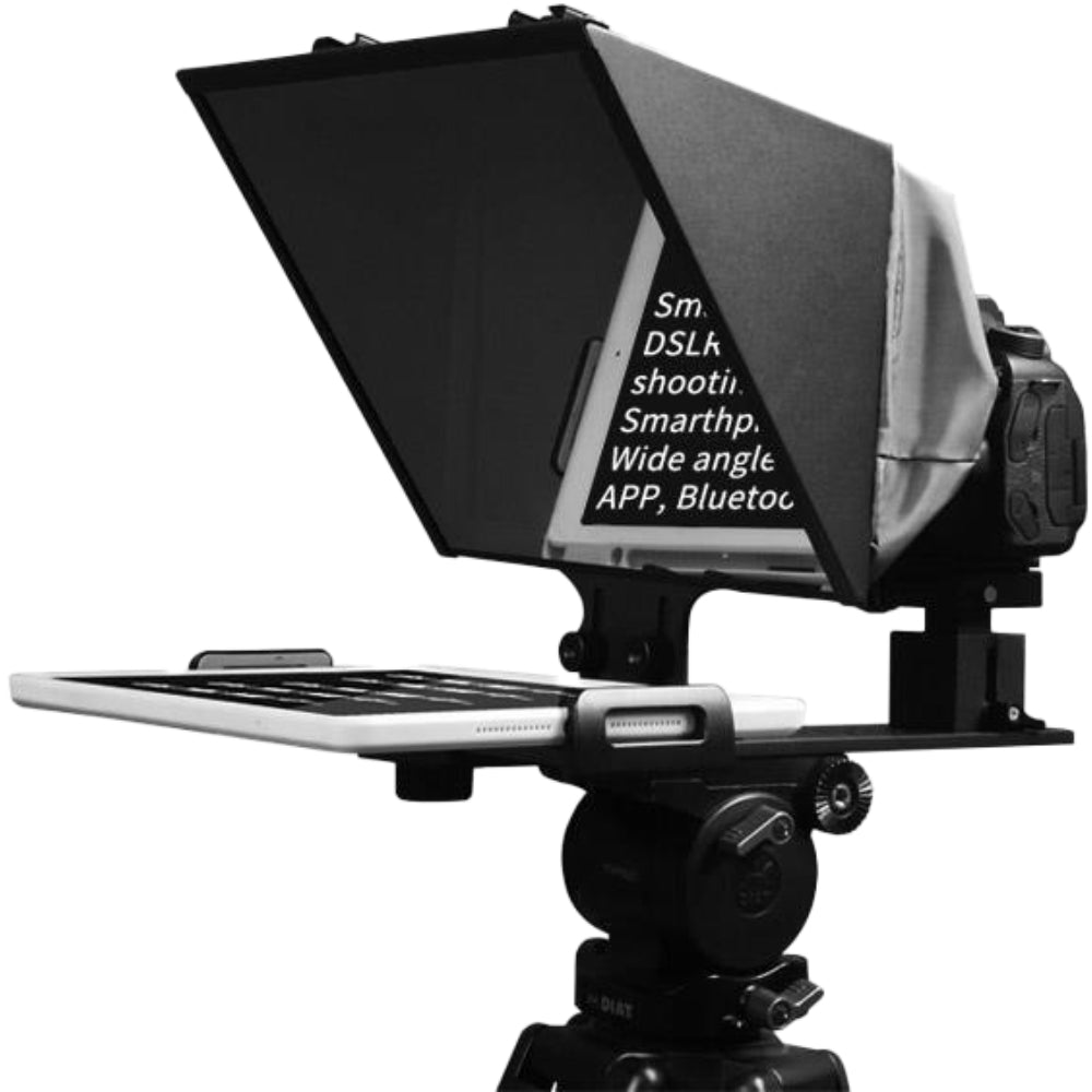Feelworld TP13A teleprompter with adjustable glass and sturdy metal frame for smooth script reading during video recording.