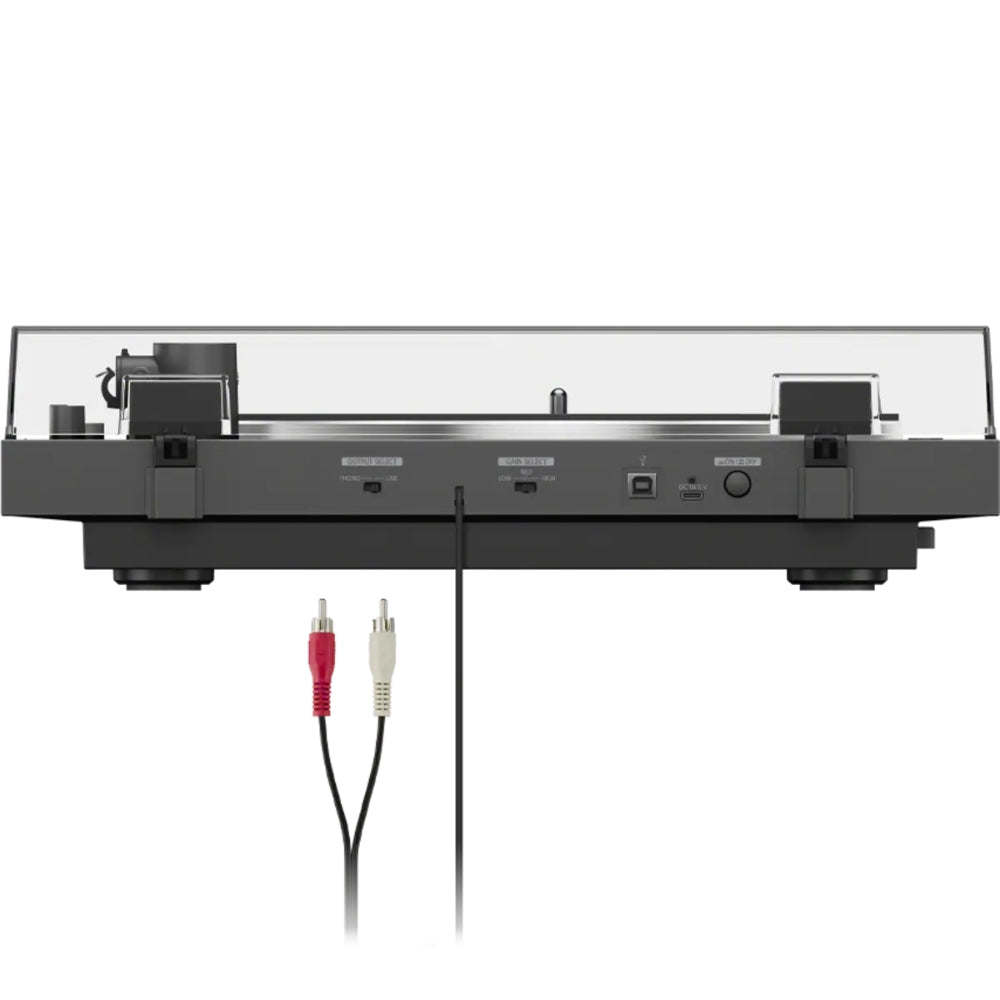 Sony PS-LX3BT turntable with a sleek black design, featuring a built-in Bluetooth speaker and modern vinyl record player features.