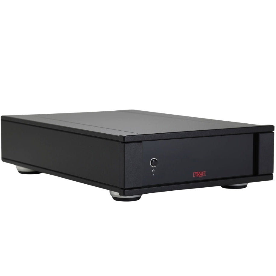 Rega AOS MC phono preamp with compact black design, featuring input and output connections for high-quality vinyl record playback.