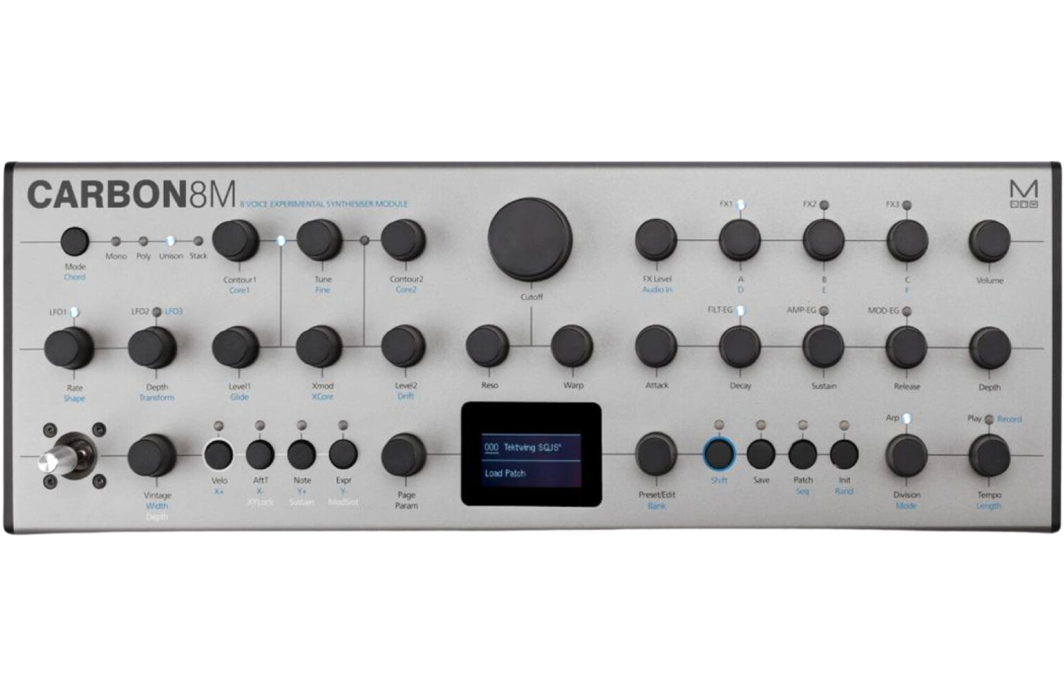 Modal Electronics Carbon8M desktop synthesizer with control knobs, buttons, and display screen, showcasing its compact design.
