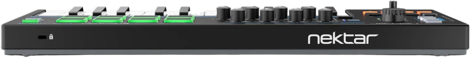 Rear view of Nektar Impact LX Mini MIDI keyboard showing USB port, power input, and control connections.