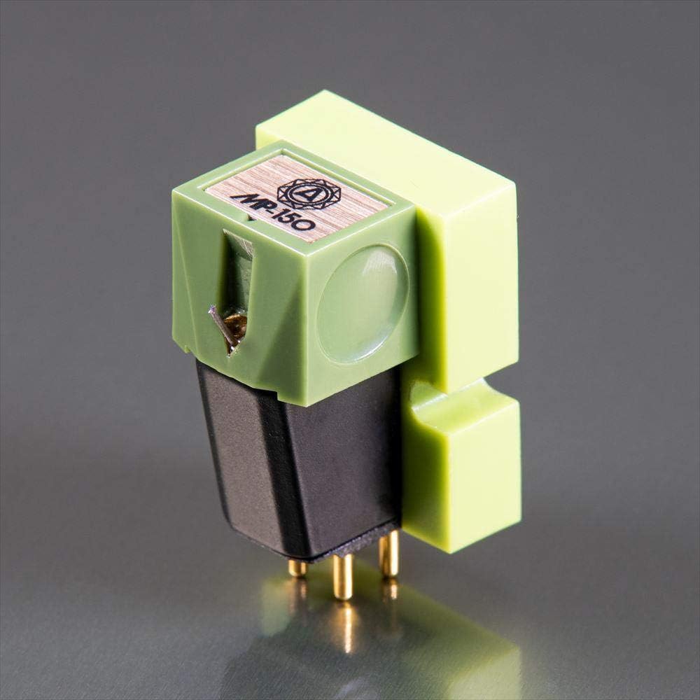 Nagaoka MP-150 turntable cartridge with stylus mounted, black body, detailed metal components, and branding visible.