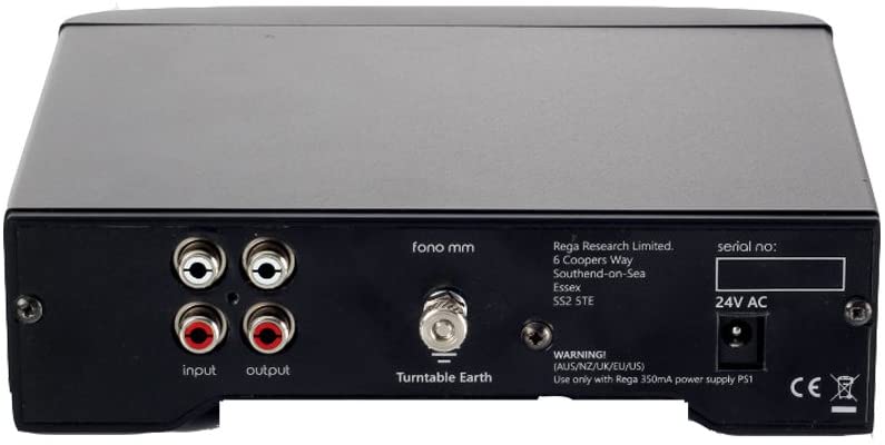 Rega Fono MM phono preamp with compact design and input/output connections for high-quality vinyl record playback.