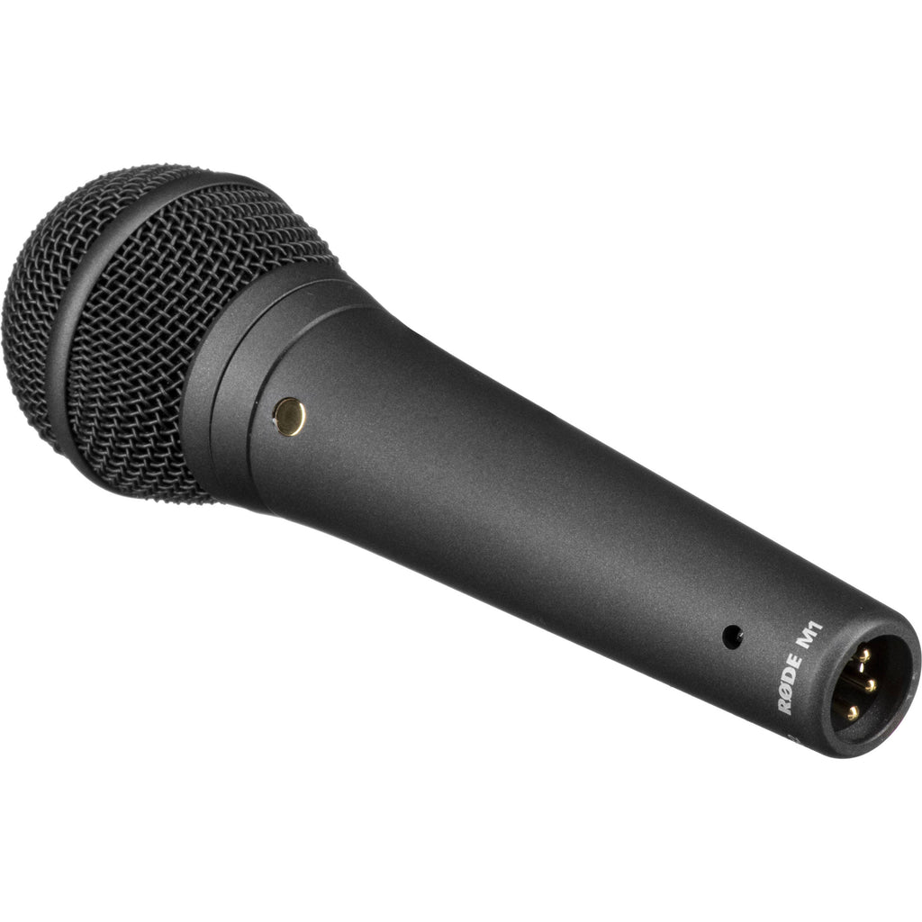 Rode M1 dynamic microphone on a stand, featuring a black body with a silver grille, ideal for live vocal performances.