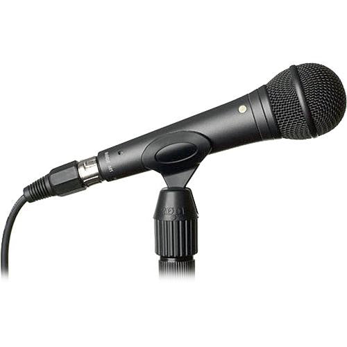Rode M1 dynamic microphone with black metal body and grille, positioned on a stand, ready for professional vocal and instrument recording.