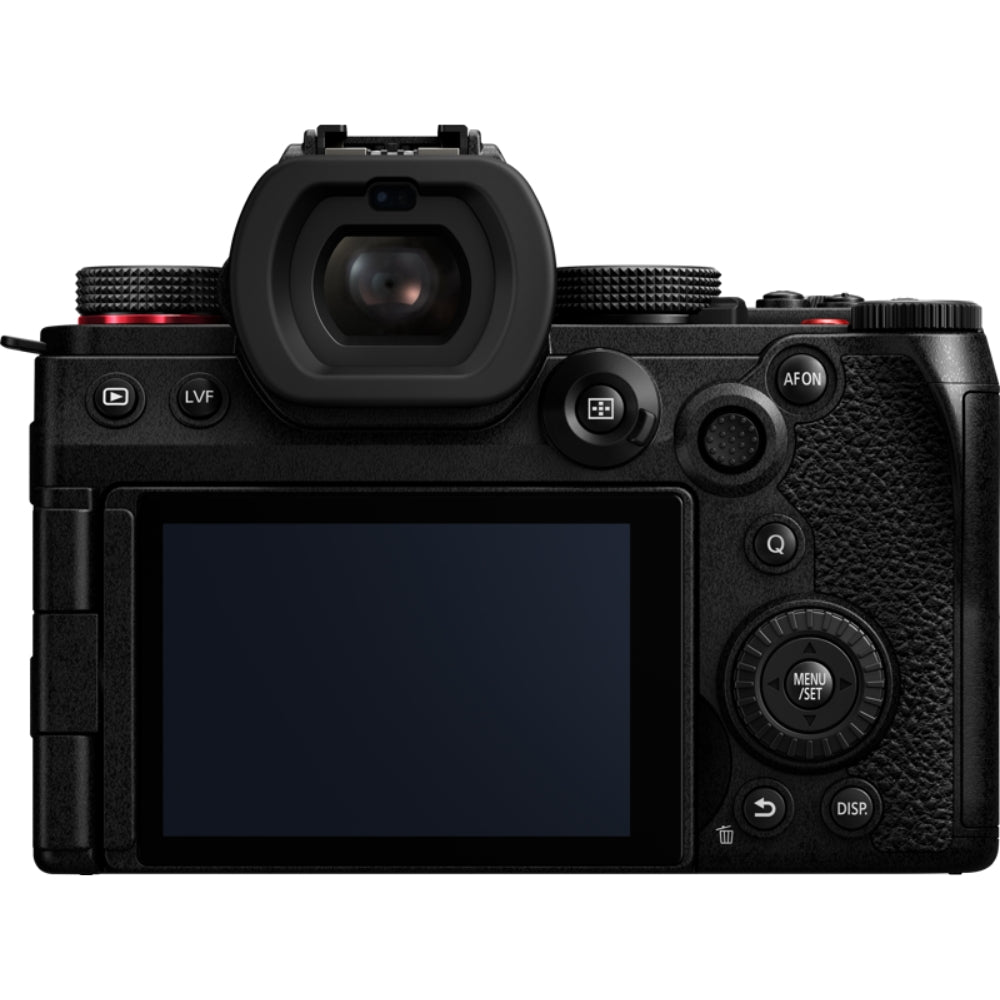 Panasonic Lumix S5M2 video camera with black body and adjustable grip, showcasing its professional compact design for videography.