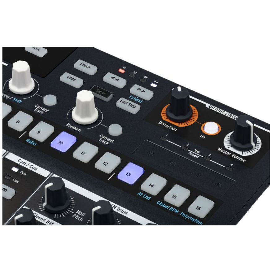 Arturia DrumBrute Impact drum machine with colorful pads and knobs, showcasing its compact design and interface.
