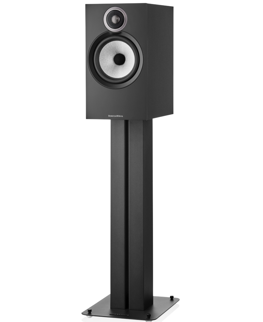 Black Bowers & Wilkins 606 S3 passive bookshelf speakers shown from the front with a sleek design and detailed speaker grille.