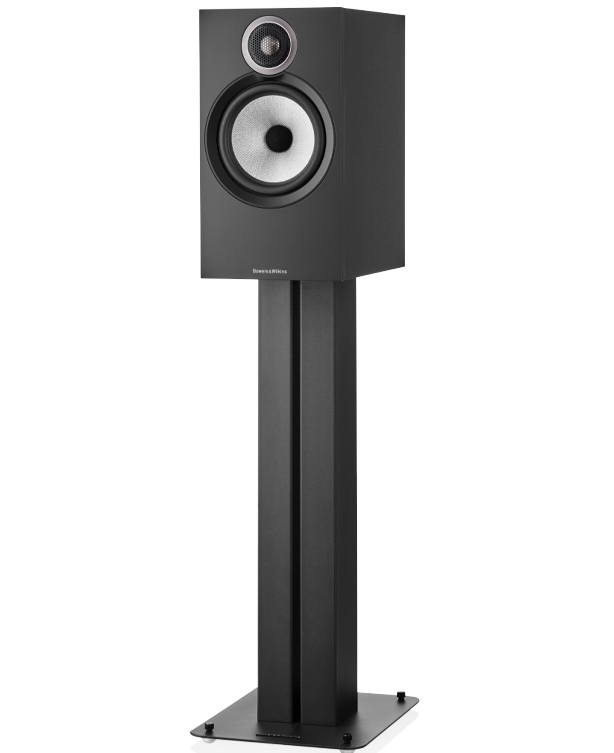 Black Bowers & Wilkins 606 S3 passive bookshelf speakers shown from the front with a sleek design and detailed speaker grille.