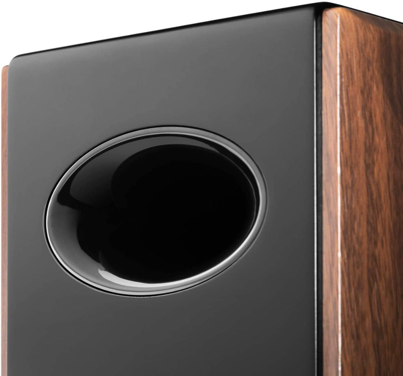 Edifier S2000MKIII desktop speakers with sleek black design and dual drivers, resting on a wooden surface.