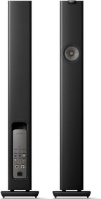 KEF LS60 wireless floorstanding speakers with sleek modern design and black finish, showcasing their elegant speaker cabinets.
