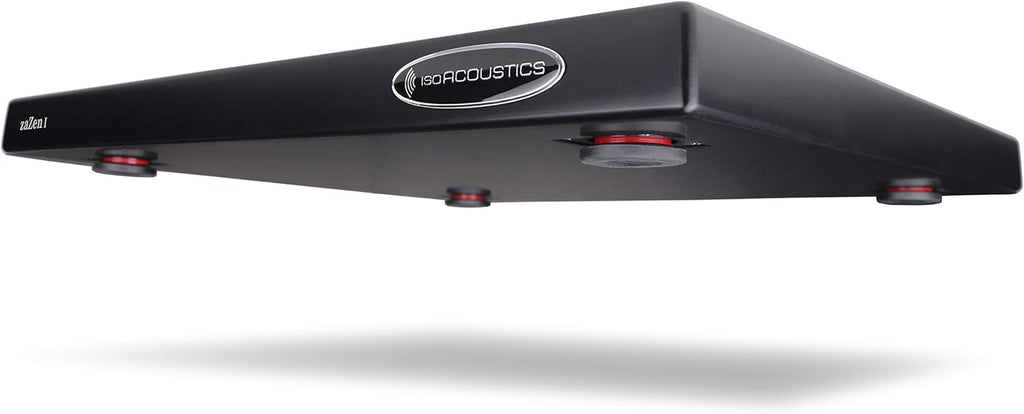 IsoAcoustics zaZen I studio monitor stands with sleek black design, supporting audio equipment for optimal sound clarity and stability.