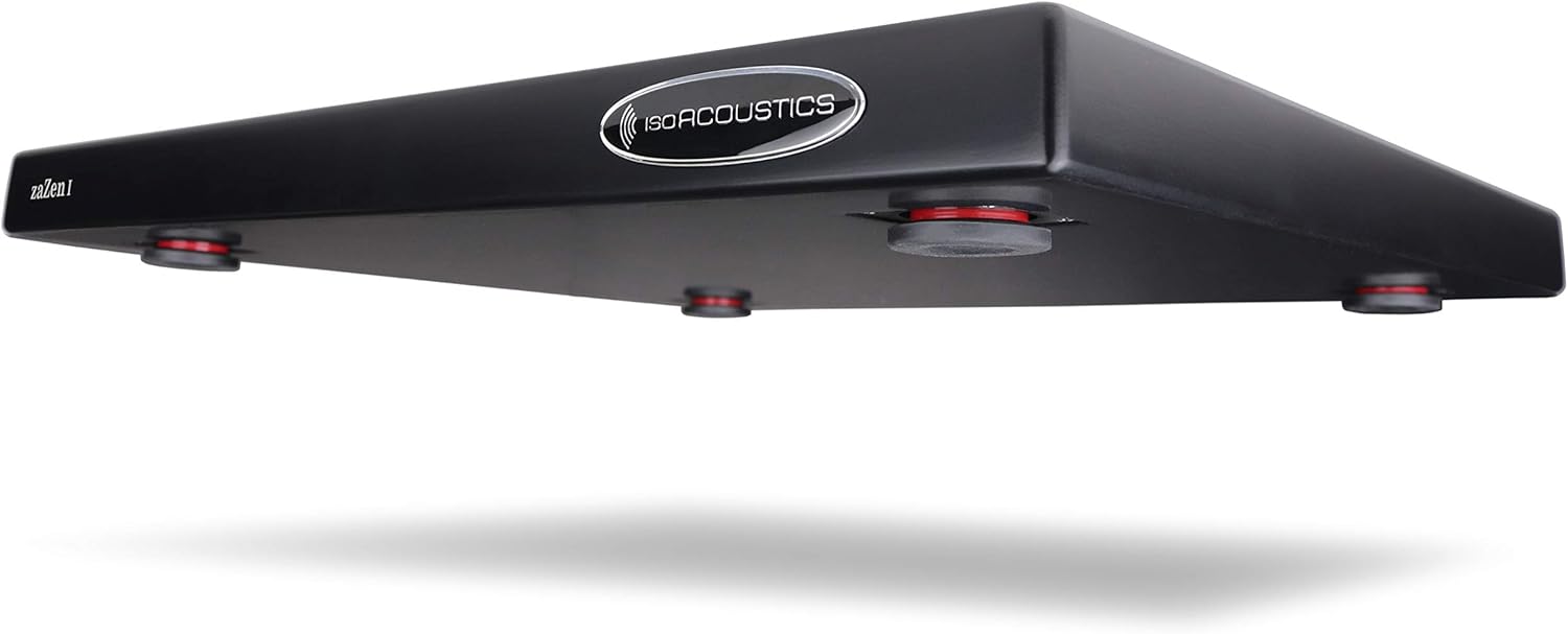 IsoAcoustics zaZen I studio monitor stands with sleek black design, supporting audio equipment for optimal sound clarity and stability.