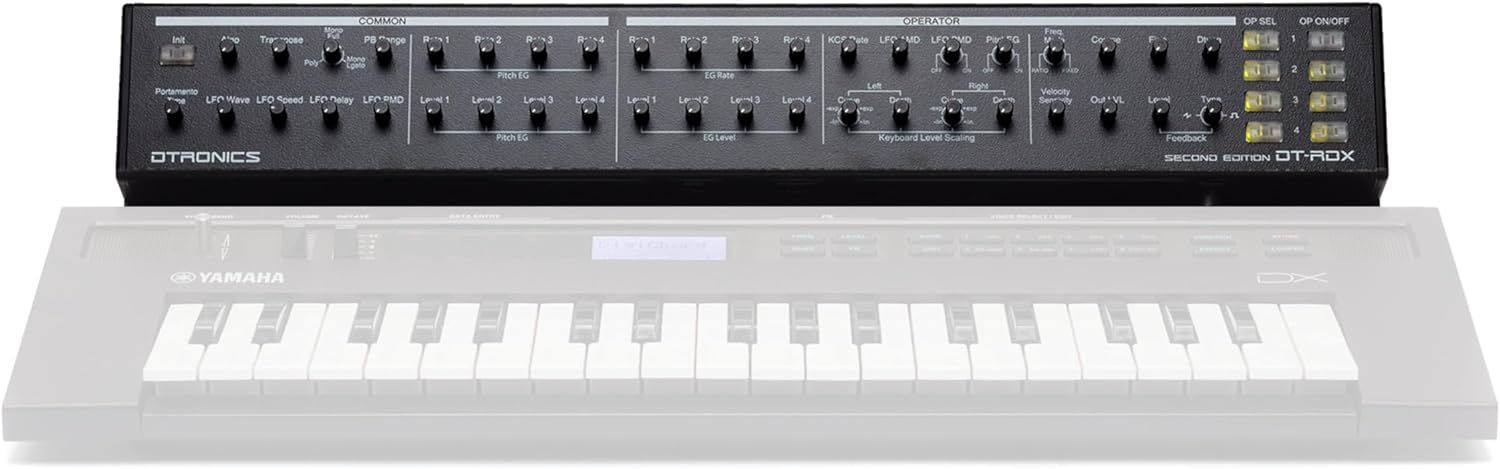 Dtronics DT-RDX-V2 synthesizer with keyboard, control knobs, and display screen, showcasing its electronic interface and layout.
