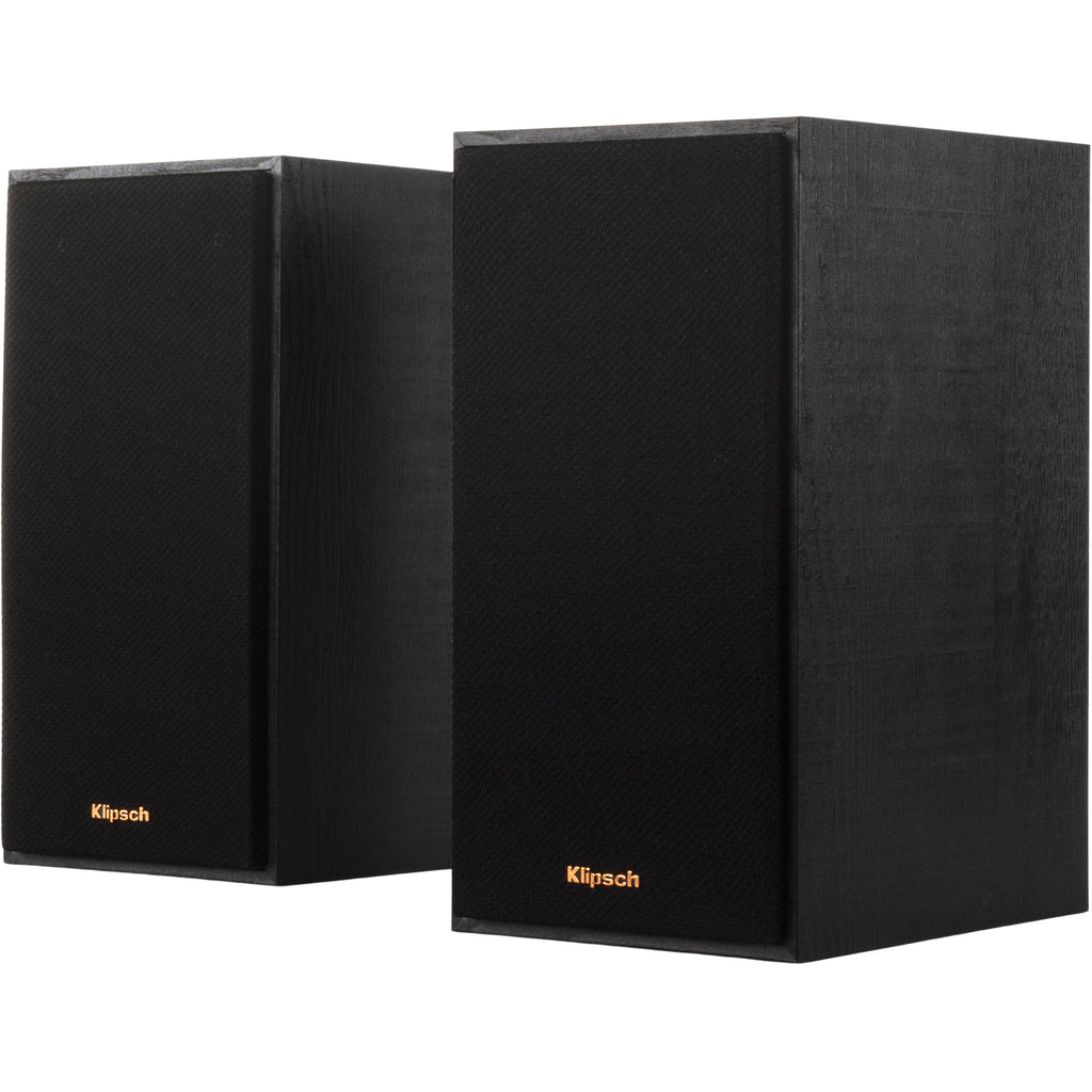 Klipsch R-41PM active bookshelf speakers with wood finish and control knobs, designed for high-quality audio playback.