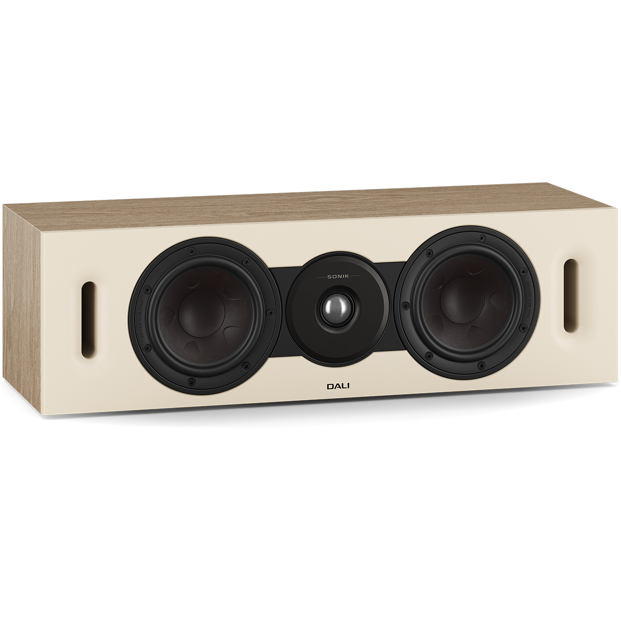 DALI Sonik Cinema center speaker with sleek black design and multiple drivers for home theater audio.