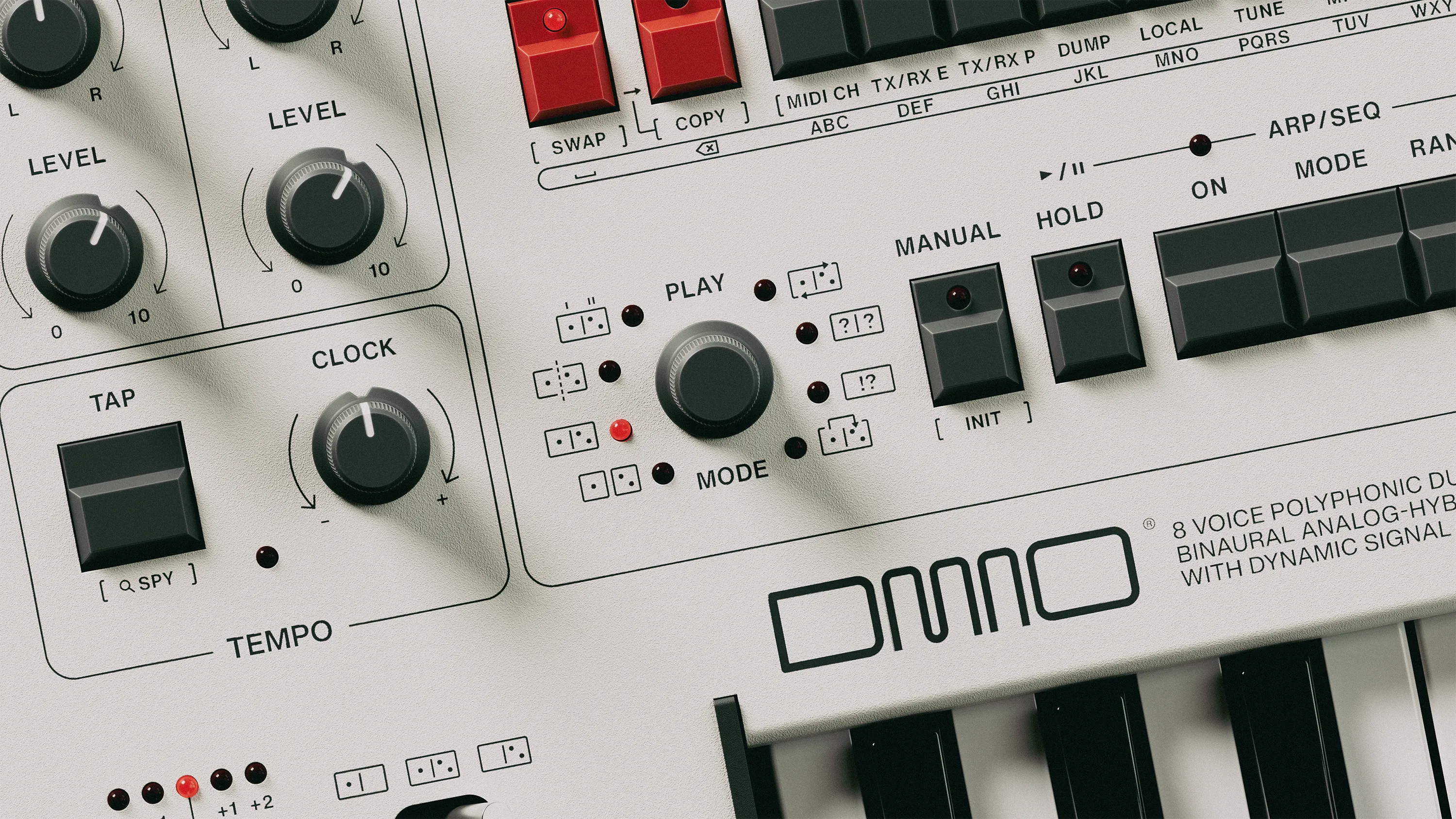 UDO Audio DMNO keyboard synthesizer with multiple play modes, featuring a sleek design and control knobs for versatile sound creation