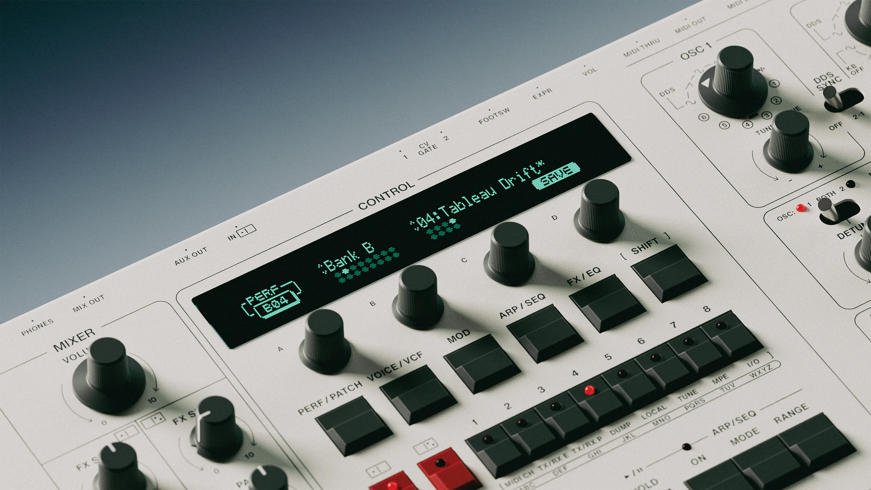 UDO Audio DMNO keyboard synthesizer with a digital screen, featuring various control knobs and a sleek black design.