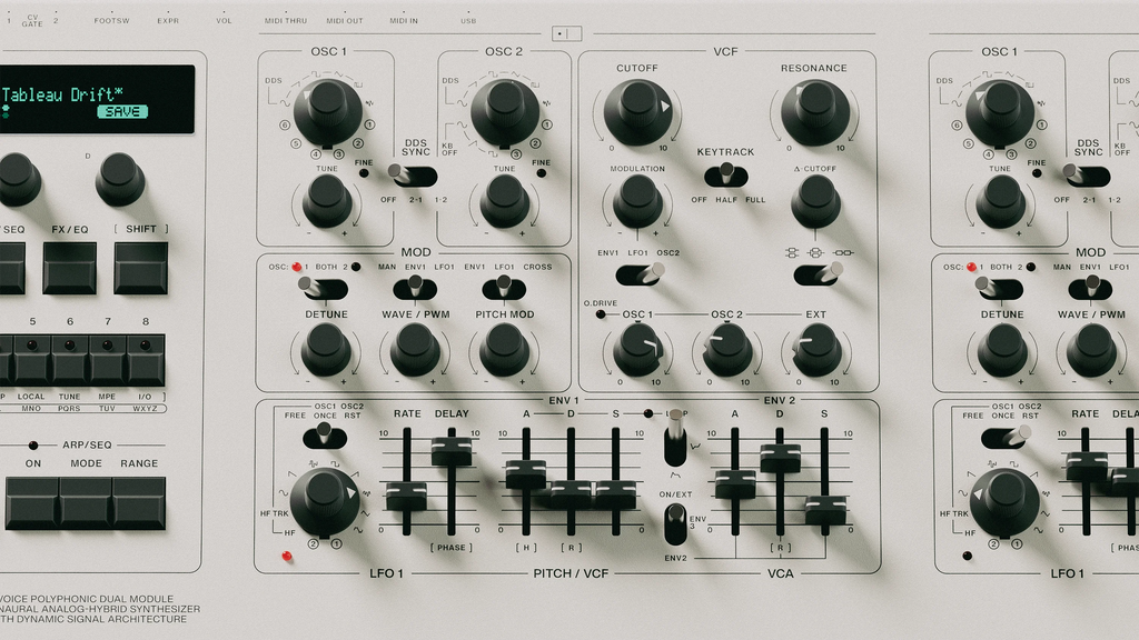 UDO Audio DMNO keyboard synthesizer with control panel featuring knobs, buttons, and a sleek black design.