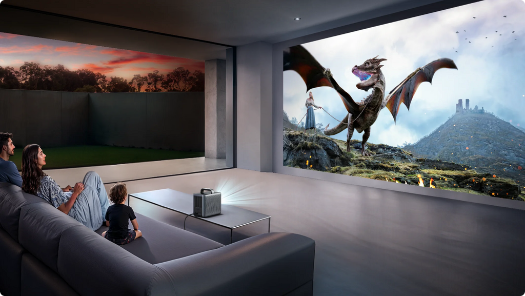 Nebula Cosmos 4K SE projector displaying vibrant images on a wall, showcasing its sleek design and high-resolution projection.