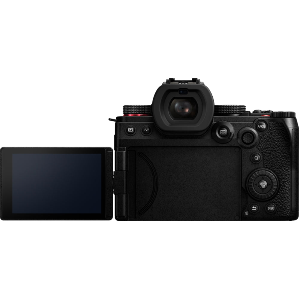 Panasonic Lumix S5M2 video camera with lens, black body, and control buttons, ideal for professional videography.
