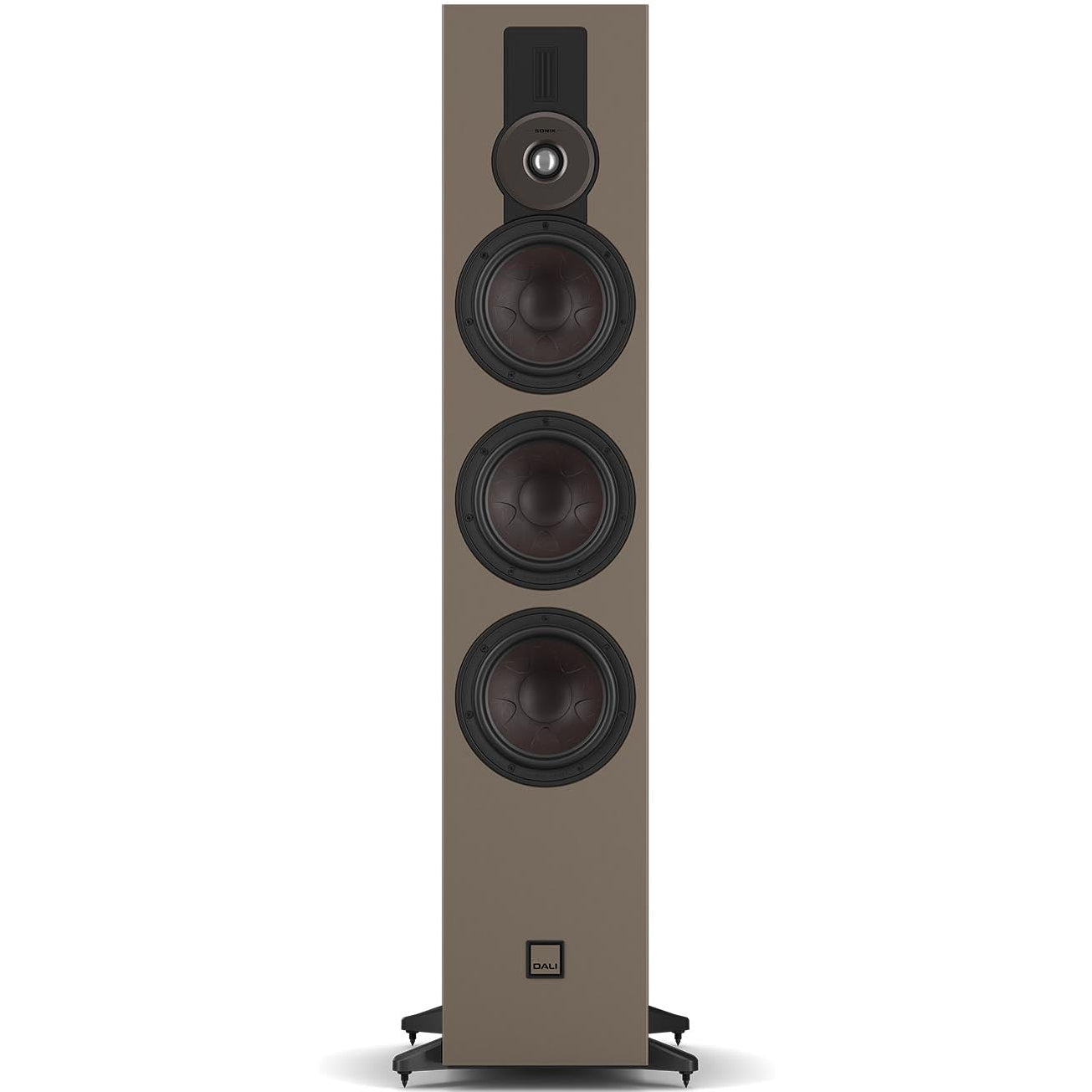 DALI Sonik 9 passive floorstanding speakers with sleek black cabinets and multiple drivers for immersive stereo sound.